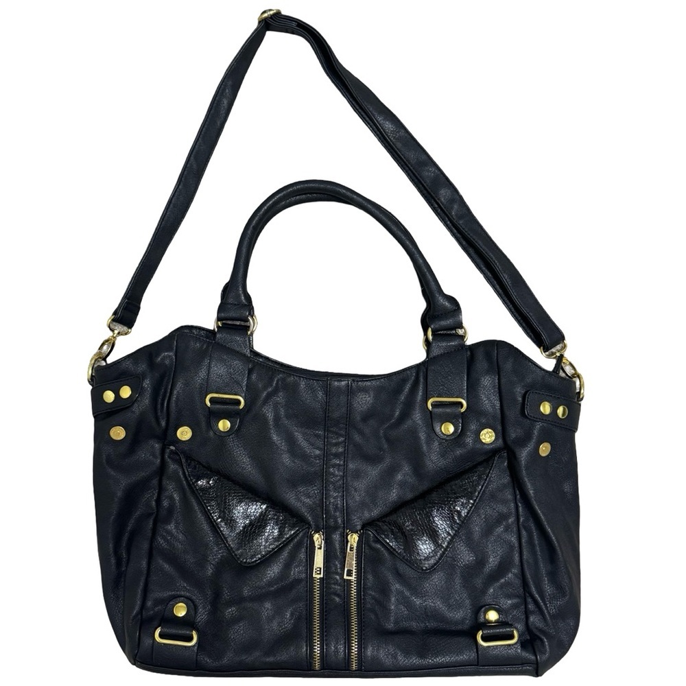 JustFab Black Faux Leather Satchel Bag with Gold Hardware